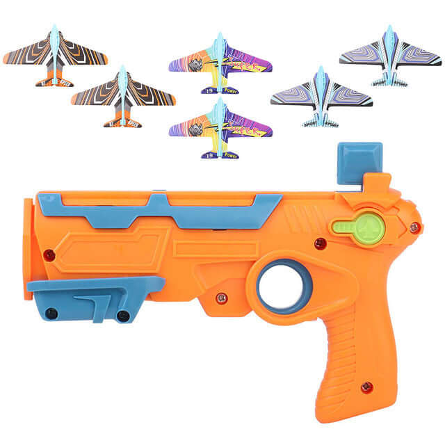 Children's foam plane glider outdoor toy launcher with colorful foam planes and an orange launcher.