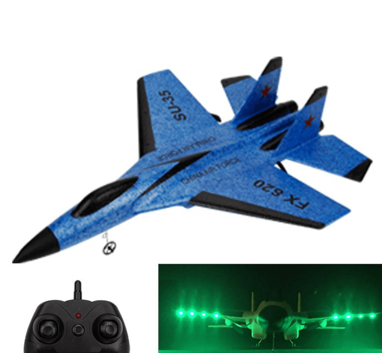 FX820 Electric Remote Control Mini Fighter Plane Model in blue with remote control and lights
