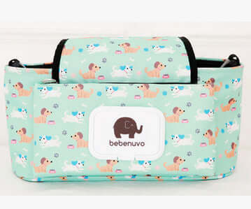 Storage Bag, Mommy Bag, Stroller Hanging Bag in light blue with cute animal patterns.