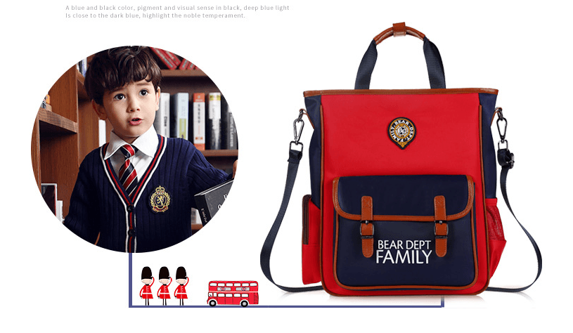 Children's tutoring crossbody bag featuring a stylish design in red and navy, perfect for school adventures.