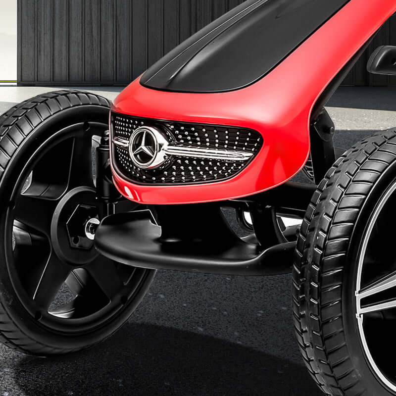 Mercedes Kids Go-Kart Pedal Bike for Children close-up view of the red front grille and wheels.