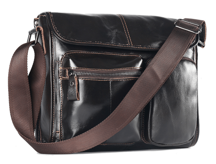 Leather shoulder bag for men with brown strap and multiple pockets in a sleek design.