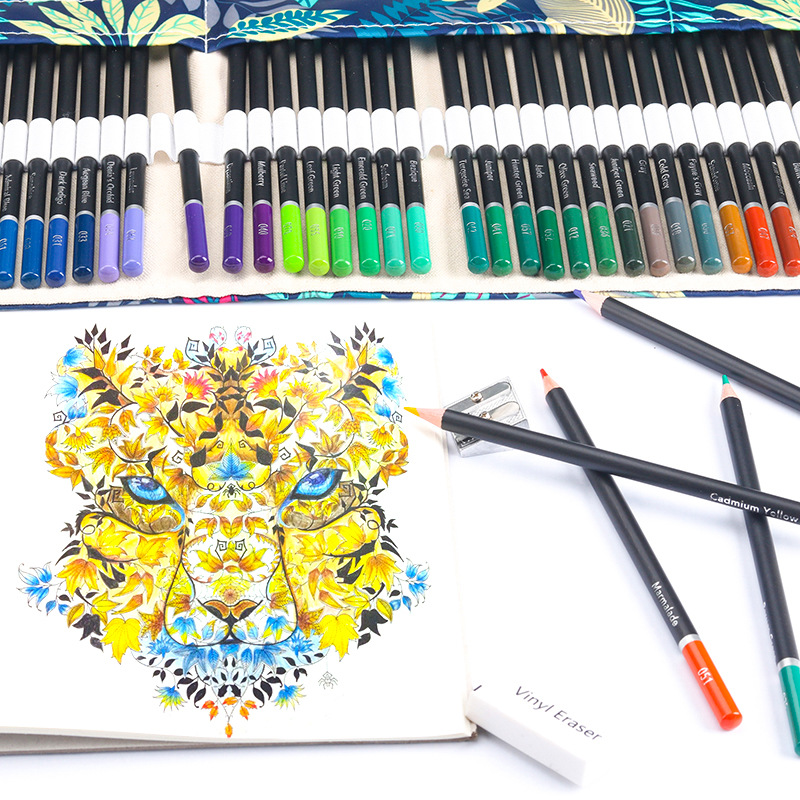 72 Color Lead Pencil set displayed with vibrant drawings and tools, showcasing an artistic range for creative projects.