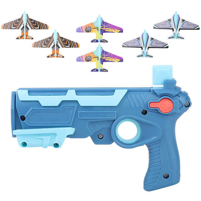 Children's foam plane glider outdoor toy launcher with a blue gun and colorful foam planes.