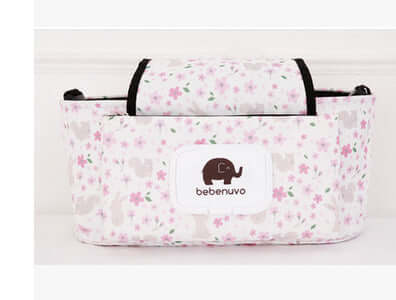 Storage Bag, Mommy Bag, Stroller Hanging Bag with floral design and elephant logo.