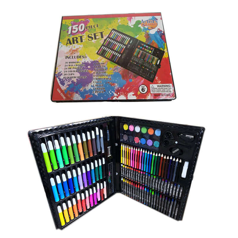 150-Piece Art Set with Colorful Crayons and Markers featuring vibrant crayons and markers in a compact storage case.