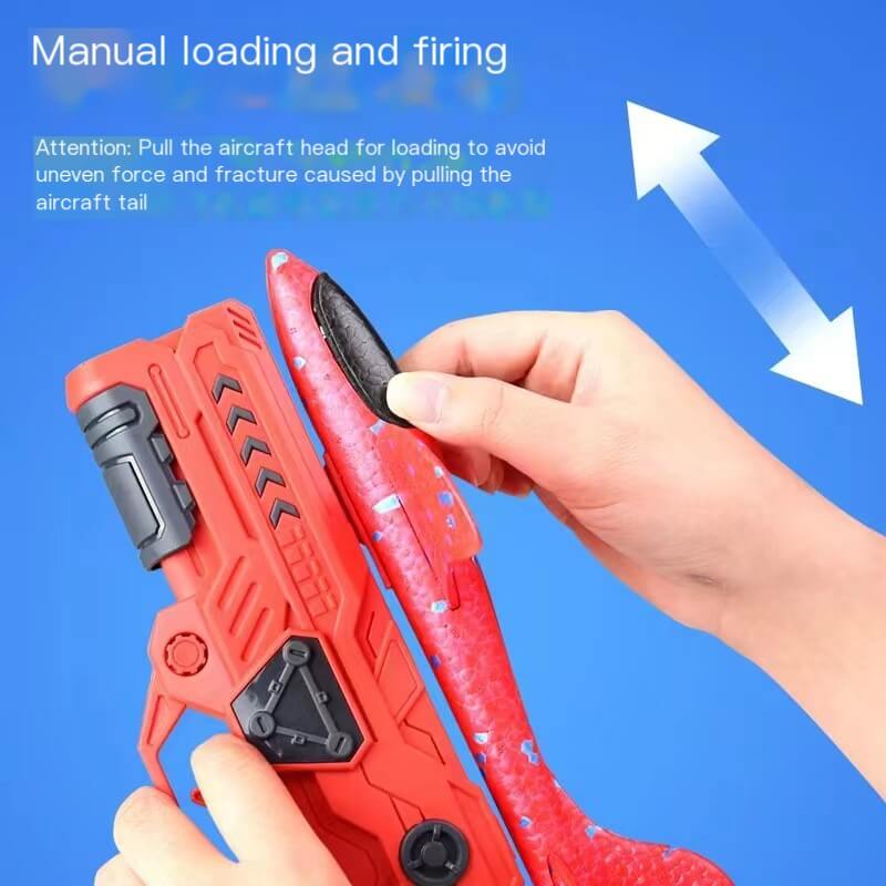 Manual loading and firing of outdoor foam plane launcher for kids with hands demonstrating use.