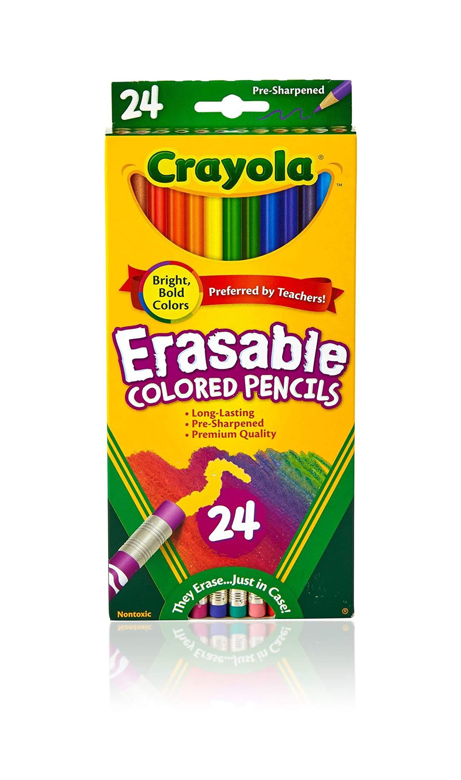 Crayola Erasable Colored Pencils (24ct) pack for kids, ideal for coloring books and arts & crafts.
