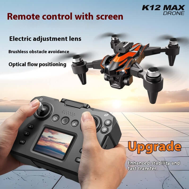 K12MAX Brushless UAV with Screen Remote showcasing remote control and drone features like obstacle avoidance.
