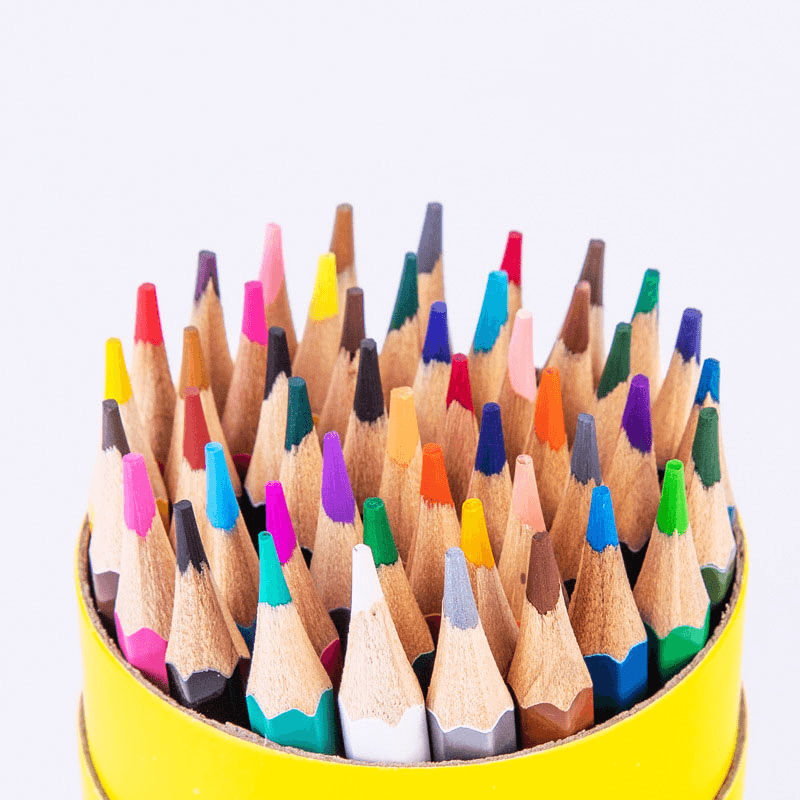 A colorful assortment of colored pencils in a yellow container, ideal for a Colored Pencil Set for Kids.