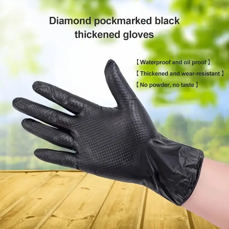 Diamond Pattern Nitrile Gloves in black, thickened for durability, waterproof and oil-proof for versatile use.