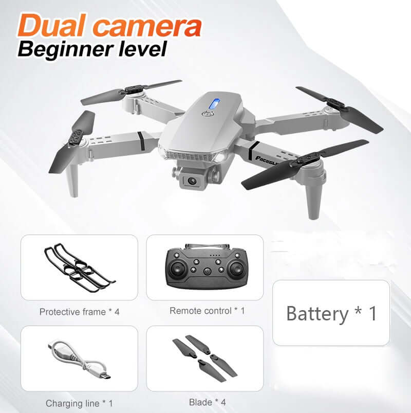 E88 Dual Camera RC Drone with dual camera, beginner level features, including protective frame, remote control, and battery.