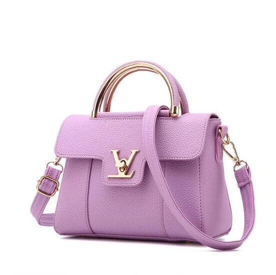 Chic shoulder crossbody tote bag collection in lavender with gold accents and a stylish handle.