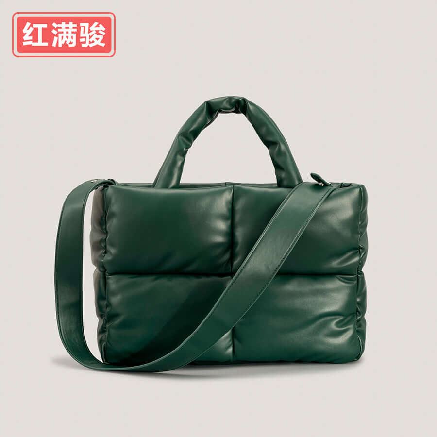 Women's Quilted Square Tote Bag for Autumn/Winter in dark green PU material with unique diamond pattern.