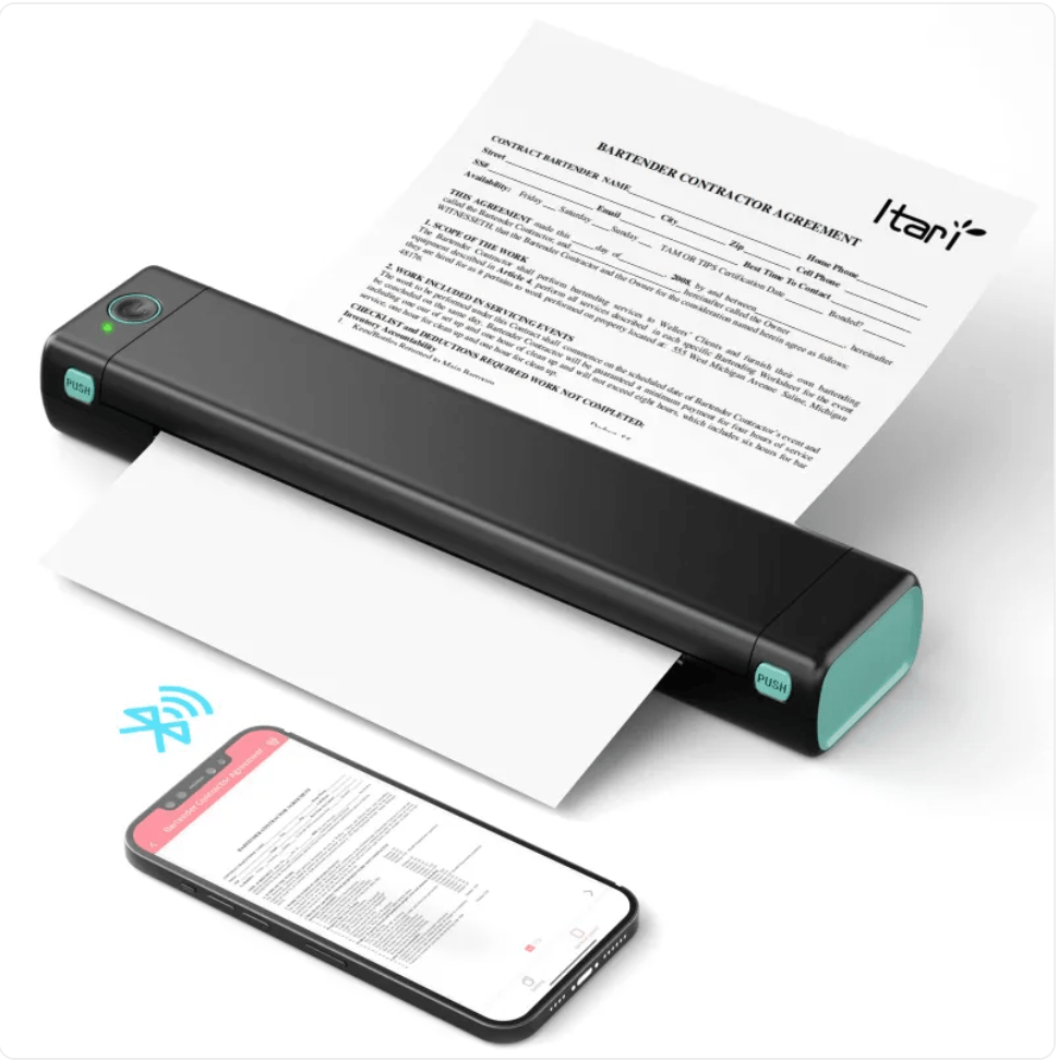 Portable Bluetooth thermal printer for travel with connected smartphone and printing document.