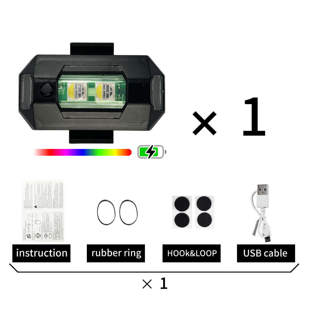 Cross-border warning light for drones and bikes includes light, USB cable, instructions, rubber ring, and hook & loop.