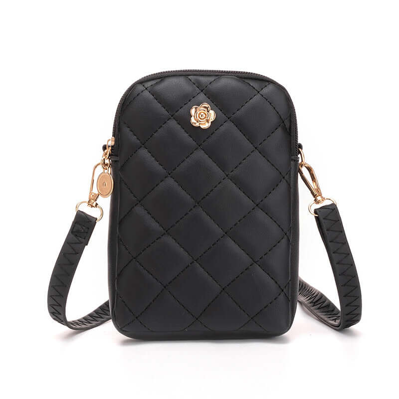 Embroidered Women's Crossbody Bag for Travel and Commuting in elegant black PU material with stylish quilted design.