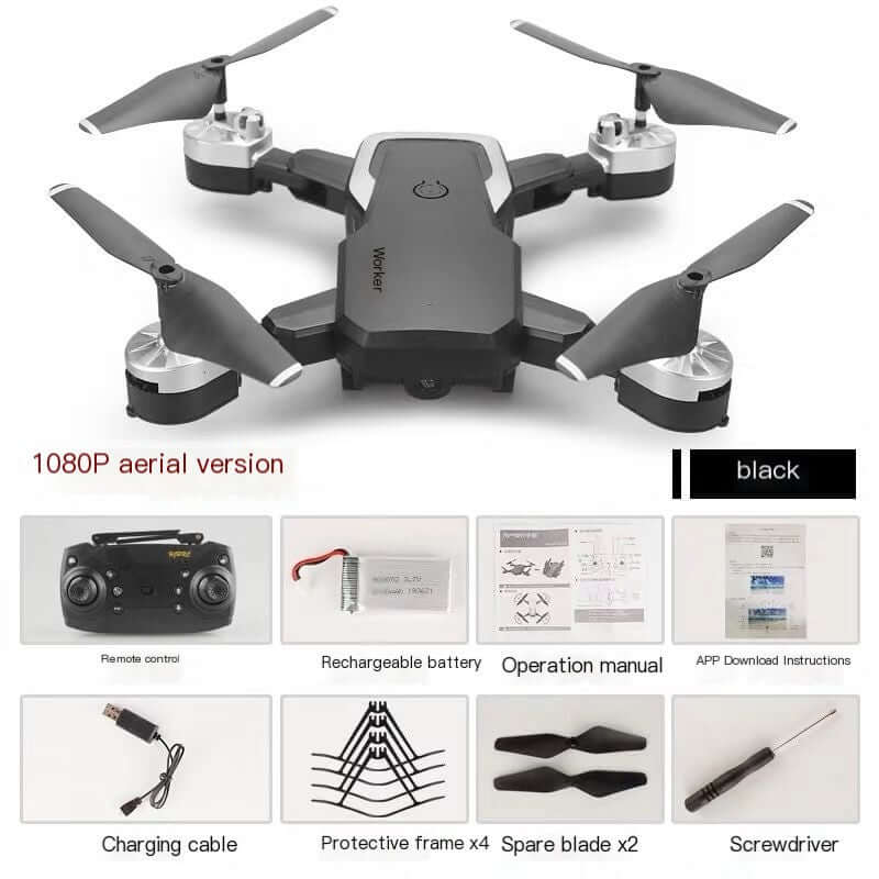 Foldable drone with camera, 1080P aerial version with remote control and accessories.