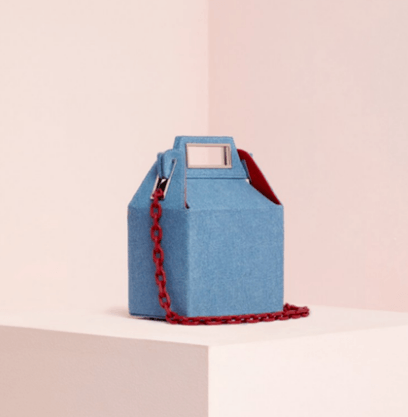 Checkered crossbody shoulder bag in blue with a red chain strap, ideal for stylish outfits and versatile occasions.