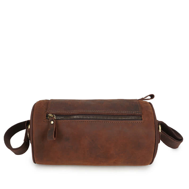 Leather crossbody messenger bag with a zipper and dual handles in brown color.
