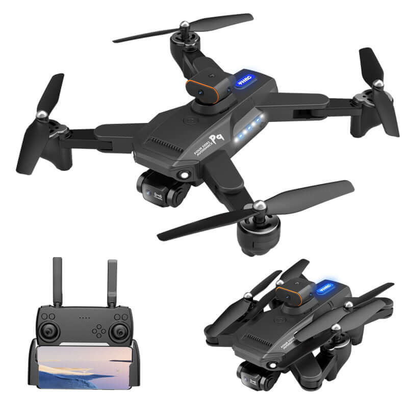 P9 Carbon Fiber GPS Drone with HD Camera and Obstacle Avoidance alongside its remote controller.