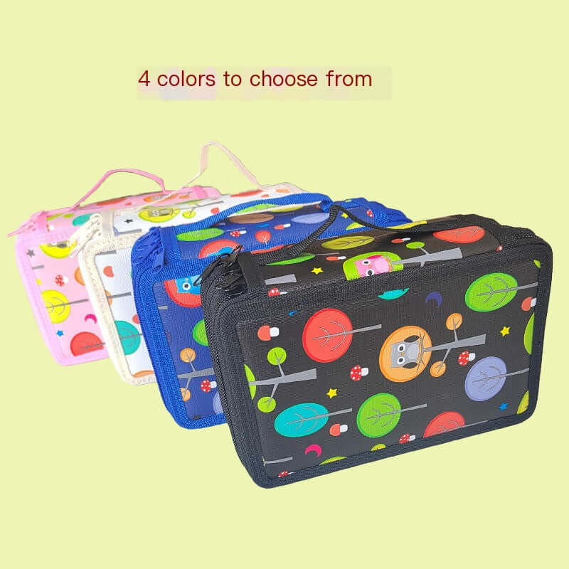 4 colored pencil carrying cases in vibrant designs, with options in pink, blue, white, and black.