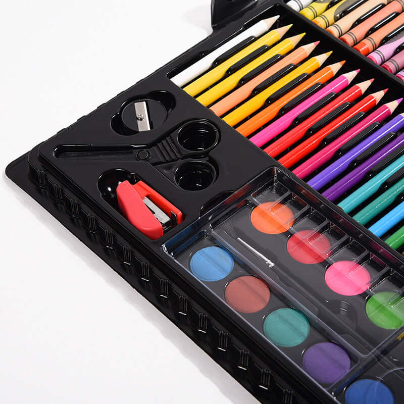 Korean watercolor pen set for kids including pens, colored pencils, scissors, and watercolors in a compact display.