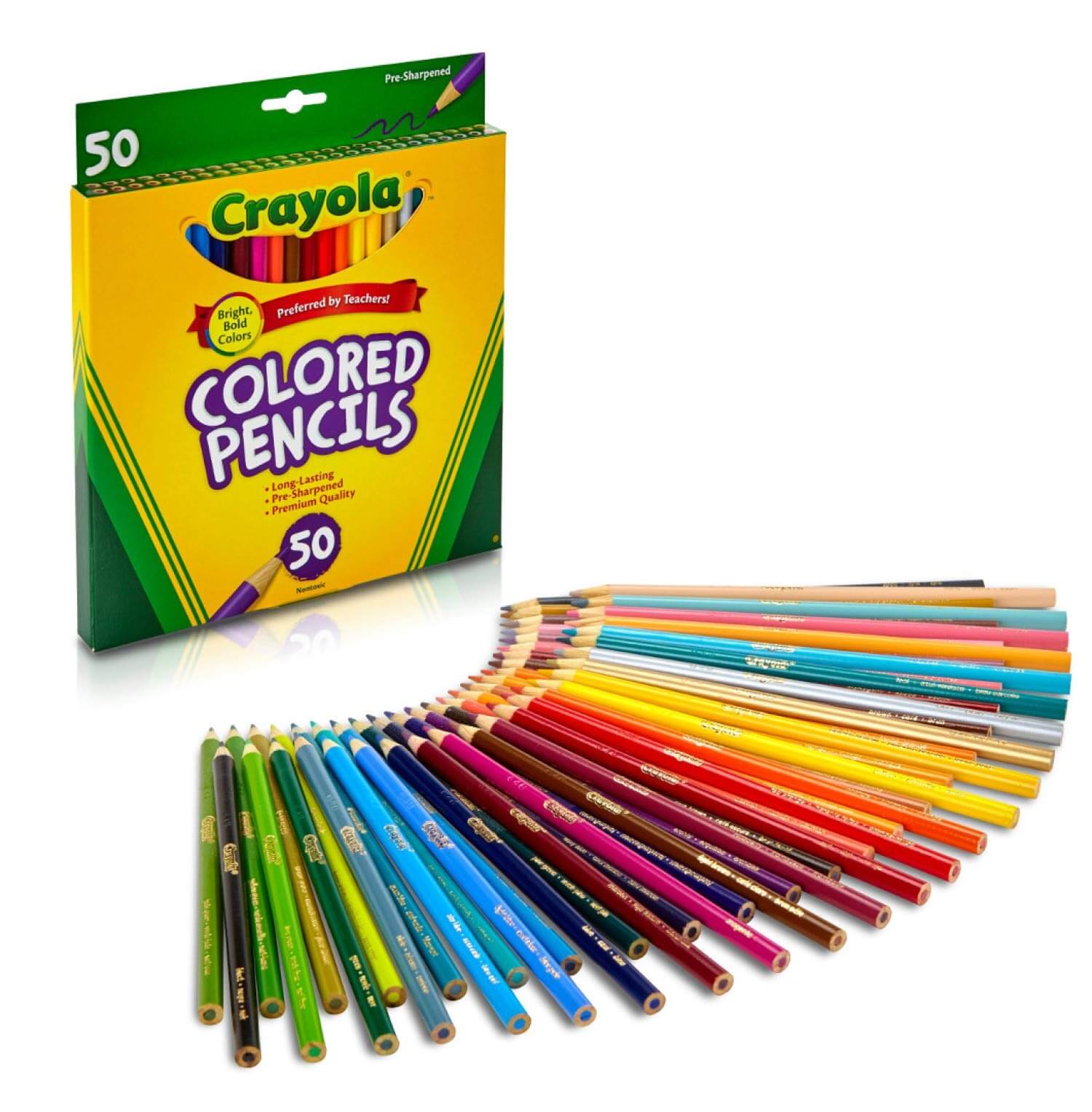 Crayola Colored Pencils 50 Count packaging and vibrant colored pencils on display.