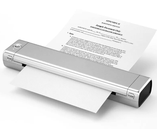 Wireless Thermal Printer printing documents on-the-go with Bluetooth compatibility and inkless technology.