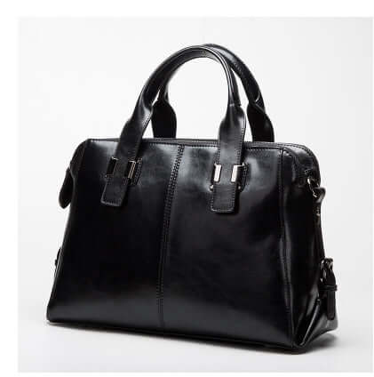 Fashionable Women's Leather Motorcycle Shoulder Bag in sleek black leather with stylish handles.