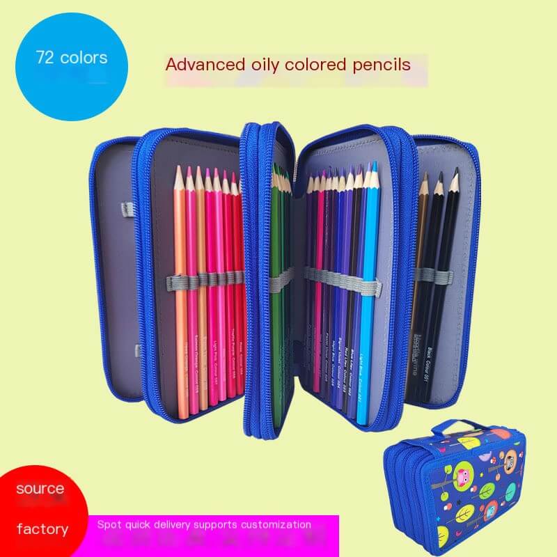 72 Colors Premium Oil-Based Colored Pencil Set displayed in a blue case, showcasing vibrant hues and smooth application.
