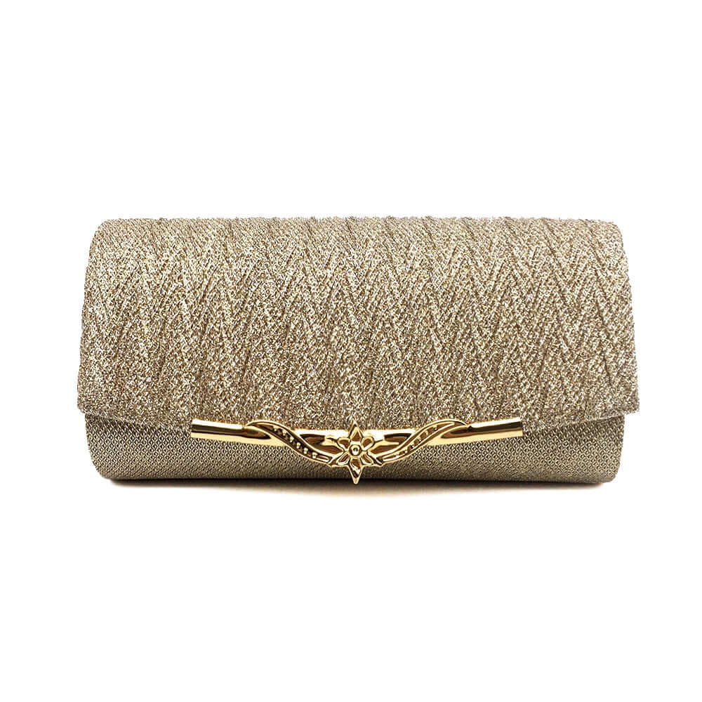 Stylish shiny clutch bag with elegant gold detailing, crafted from high-quality fabric for a sophisticated look.