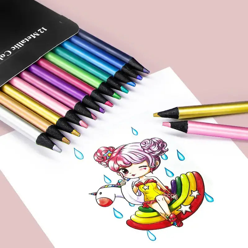 12 Colors Metallic Colored Pencils Art Supplies Set with vibrant colors for creative drawing and artistry.