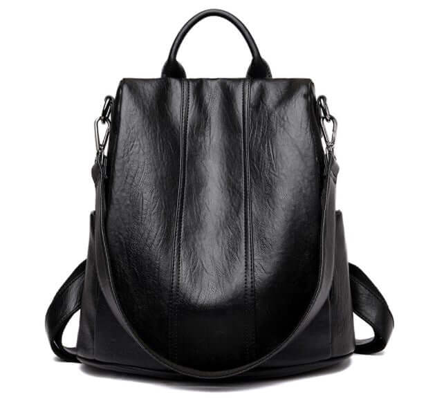 Anti-Theft Women's Backpack, Shoulder Bag in black faux leather design, perfect for style and security.