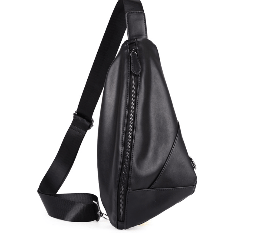 Chest Bag, Waist Bag, Shoulder Bag, Crossbody Bag in sleek black PU leather design with secure zipper.