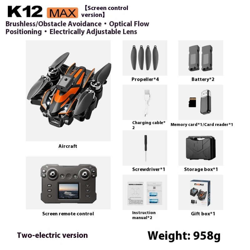 K12MAX Brushless UAV with Screen Remote components including aircraft, remote, batteries, and propellers.