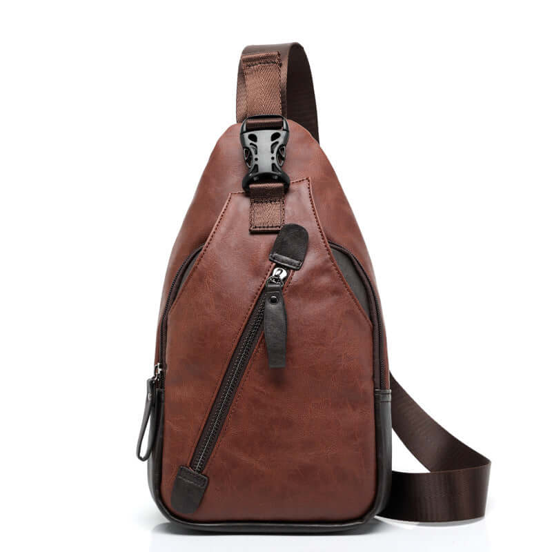 Men's waterproof chest bag in brown PU leather with a zippered compartment and adjustable shoulder strap.
