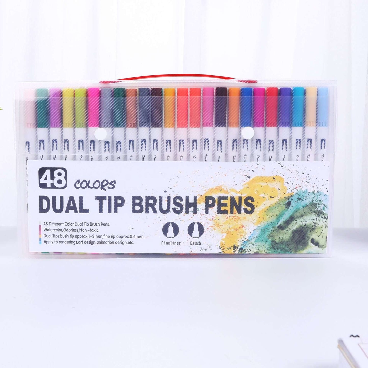 Water-Based Color Markers and Drawing Pens in a 48-color dual tip brush pen set.