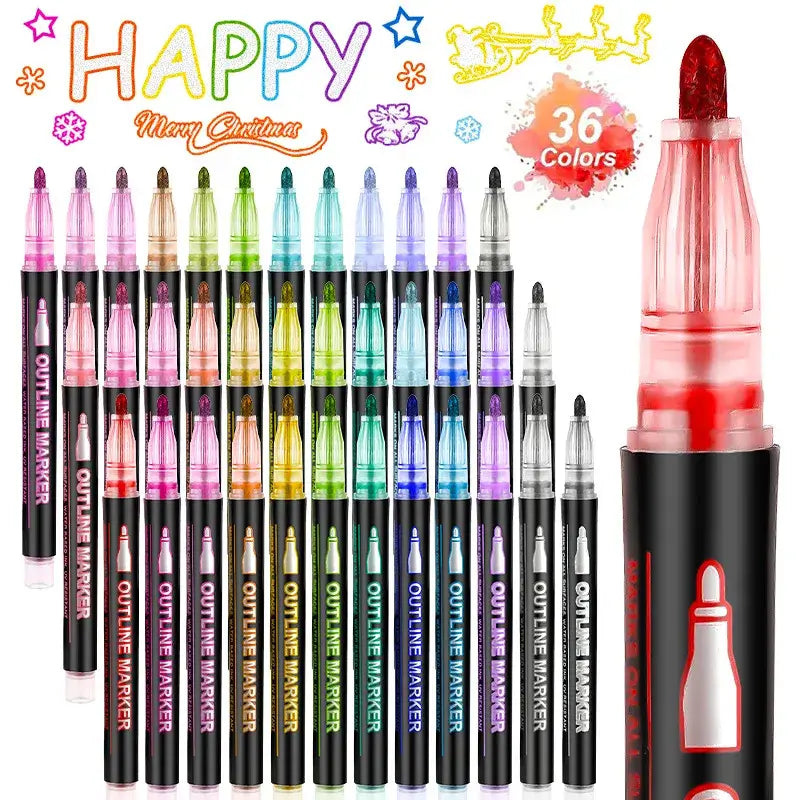 Double line outline fluorescent markers in 36 vibrant colors for creative artwork and crafts.