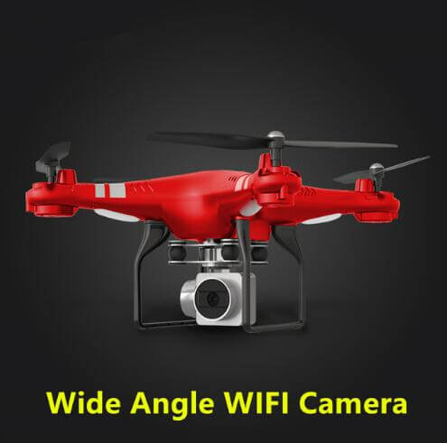 Remote control drone with 1080P camera in red featuring a wide angle WIFI camera for aerial photography.