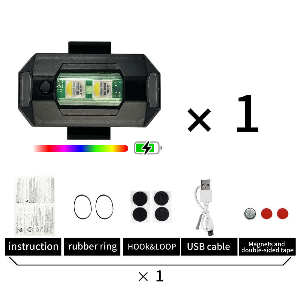 Cross-Border Vehicle Warning Light for Drones and Bikes components including USB cable, rubber ring, magnets, and instruction guide.