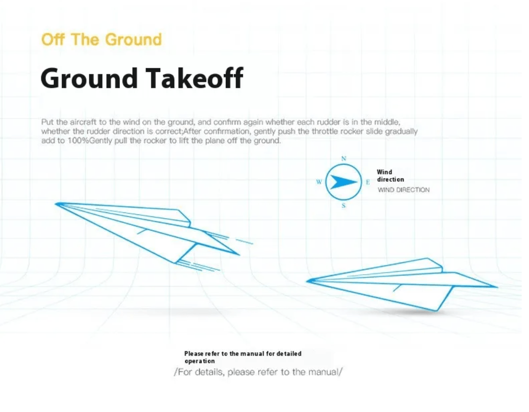 Ground Takeoff instructions for Remote Control Electric Bubble Plane with wind direction and aircraft guidance.