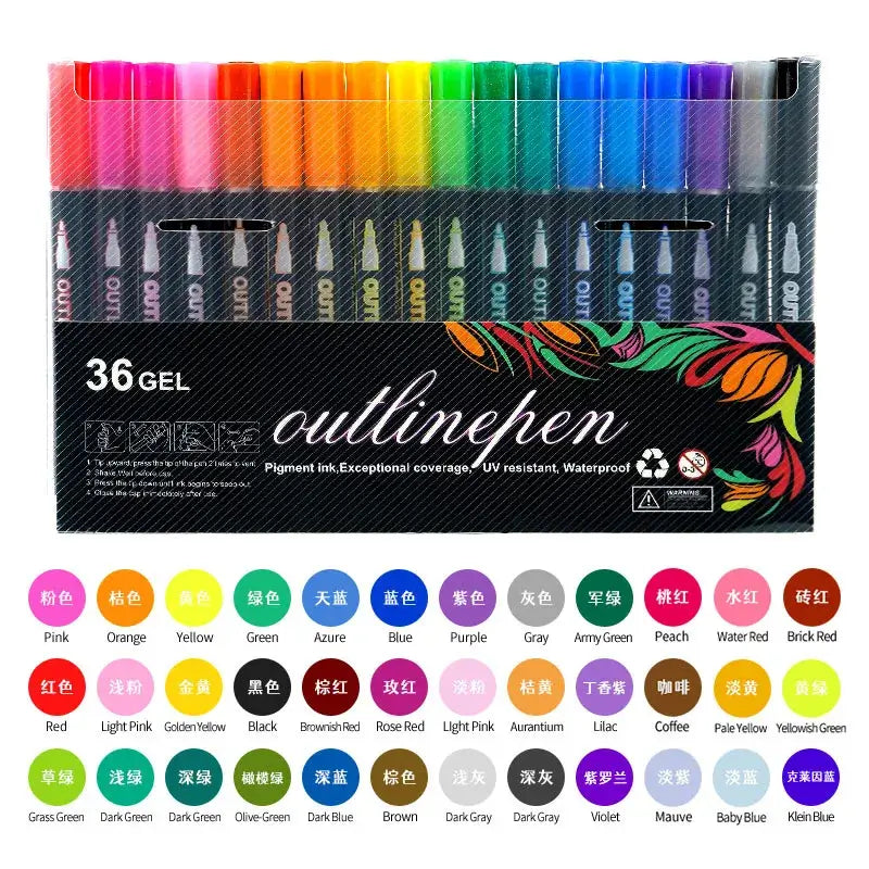 Double line outline fluorescent markers set featuring 36 vibrant colors for creative artwork and journaling.