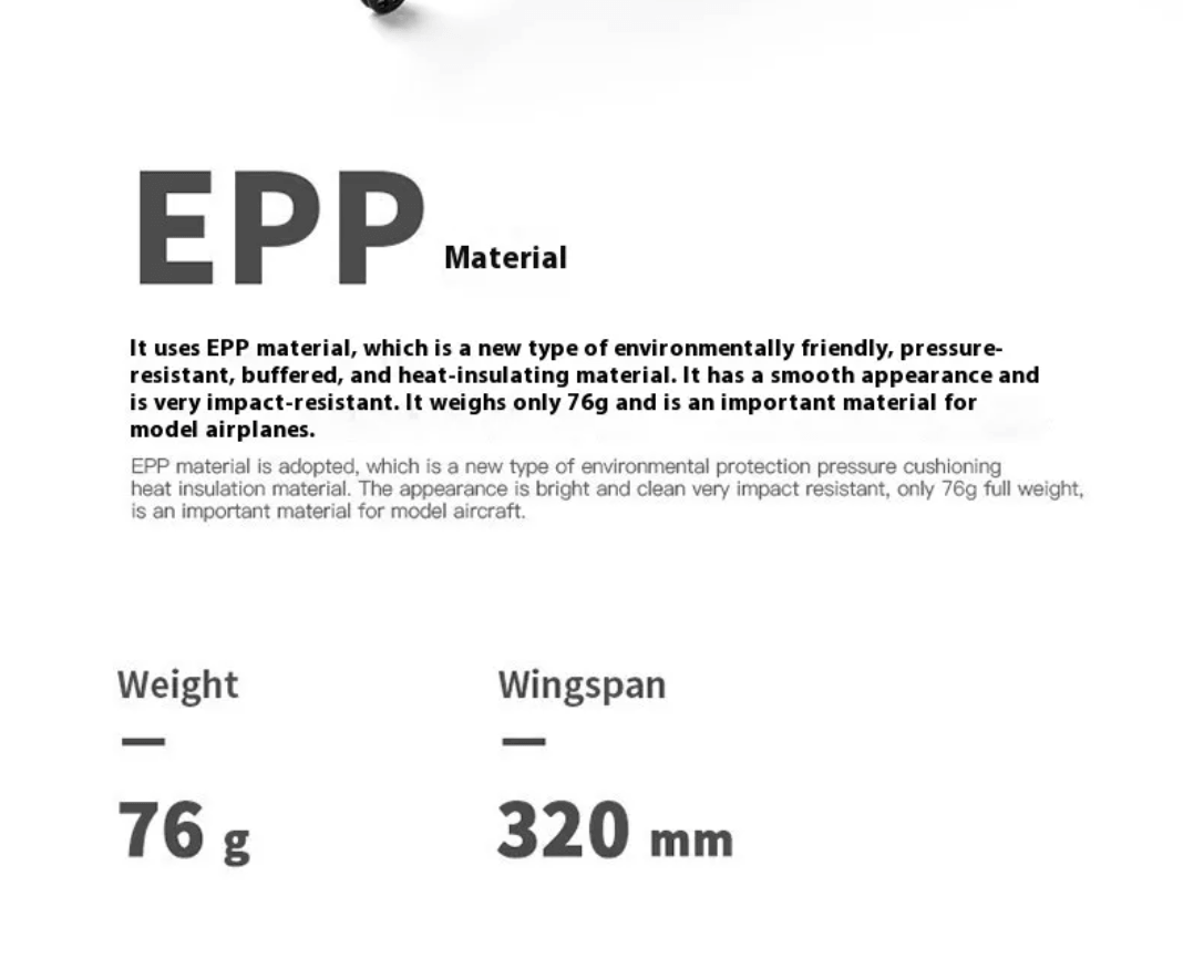 EPP material explanation for model airplanes, highlighting weight of 76g and wingspan of 320mm.