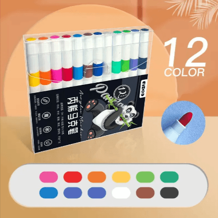 Kids’ Doodle Acrylic Markers – Waterproof & Quick-Drying, 12 vibrant colors in a clear case for creative projects.