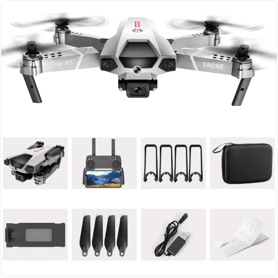4K Dual Camera Remote Control Drone with remote, accessories, and carrying case displayed in a compact layout.
