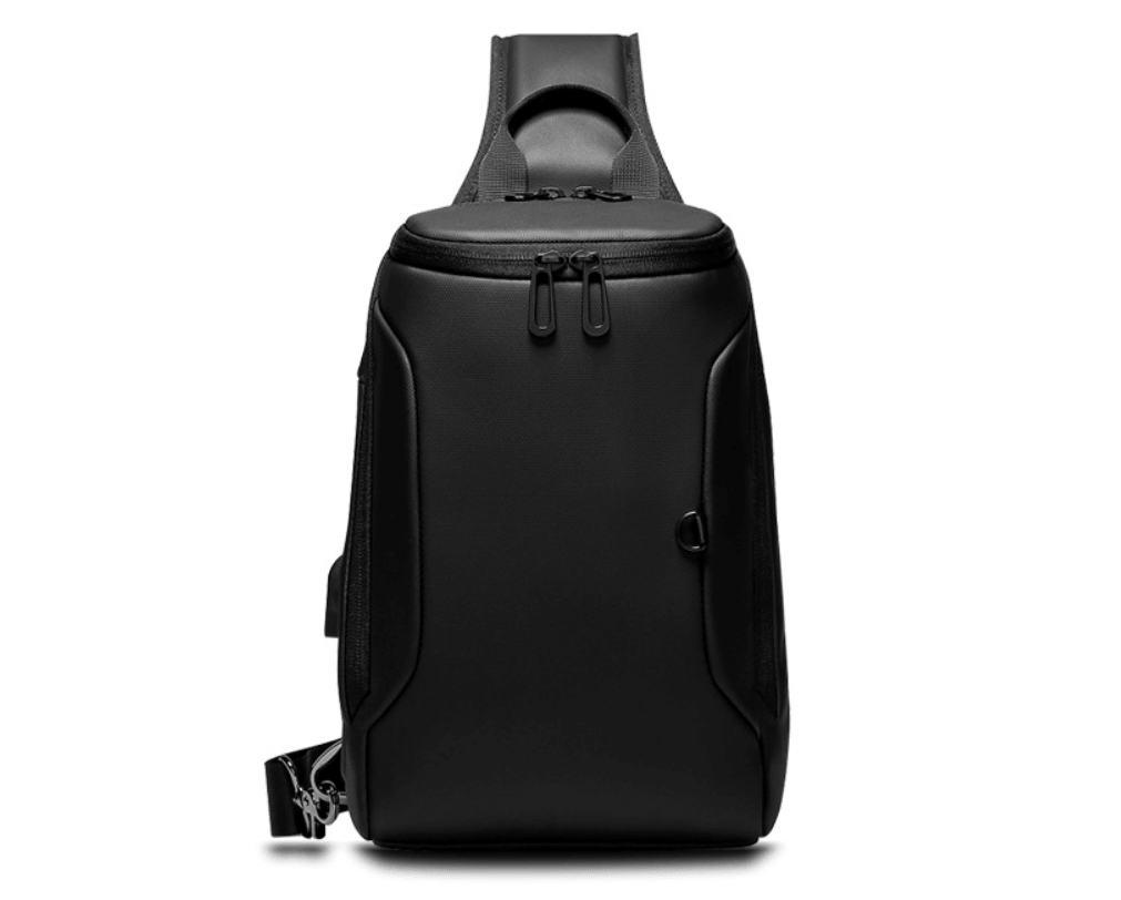 Waterproof shoulder crossbody bag in sleek black design with adjustable single strap and durable zippers.