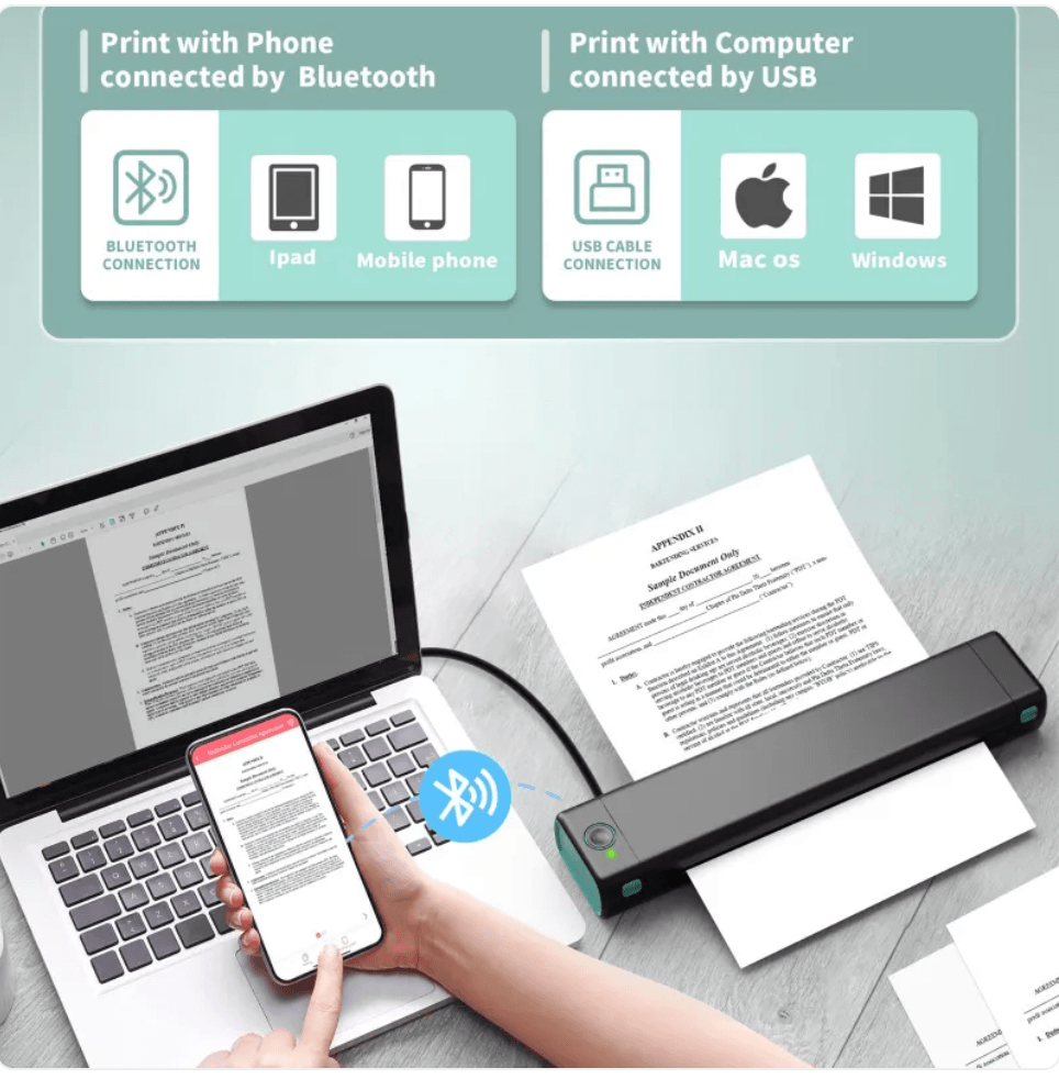 A4 portable Bluetooth thermal printer for travel connected to phone and laptop with documents.