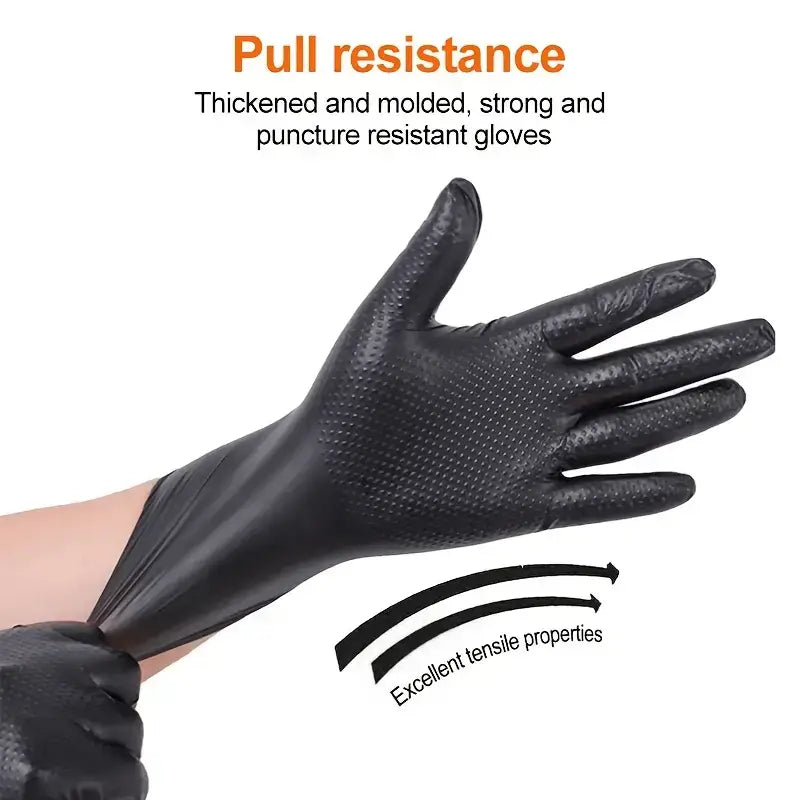 Close-up of a hand wearing Diamond Pattern Nitrile Gloves showcasing pull resistance and excellent tensile properties.