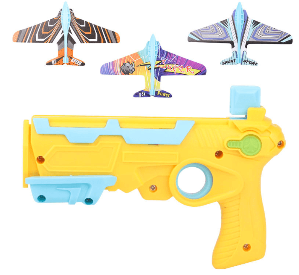 Children's Foam Plane Glider Outdoor Toy Launcher with launcher and colorful foam gliders.
